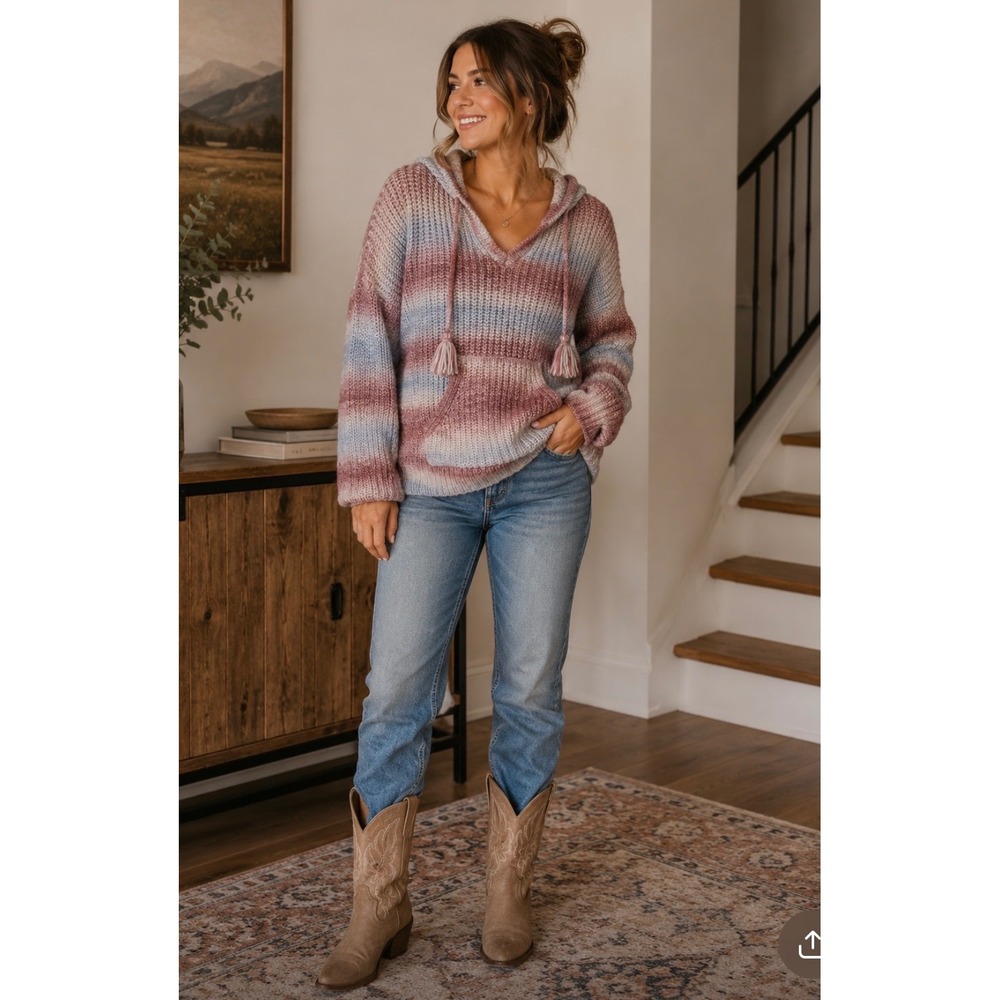 Loveriche Ombre Knit Hoodie Sweater Mauve Pink Blue Tassel V-Neck Large